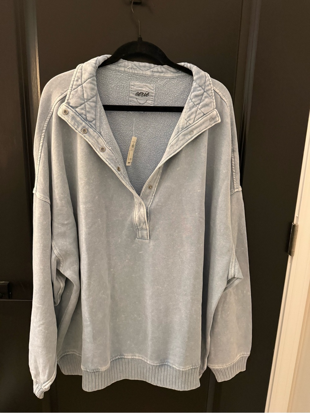 aerie Washed Light Blue Snap-Quarter Pullover Sweatshirt